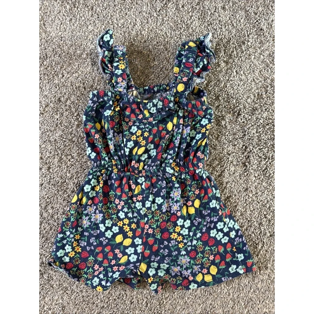 Old Navy Girls‎ Sleeveless Floral Strawberry Navy Fruit Romper Toddler Size 4T